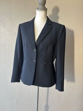 Tahari Navy Stripped Blazer Small Petite Career Dress Jacket